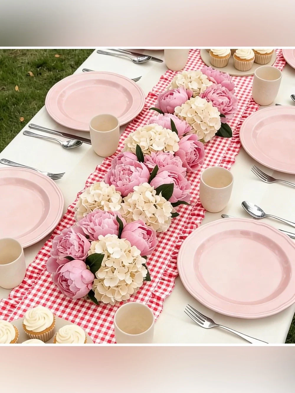 Gingham Ruffle  Red White Plaid Rustic Ruffled Edge Table Runner 118 x 13 inches